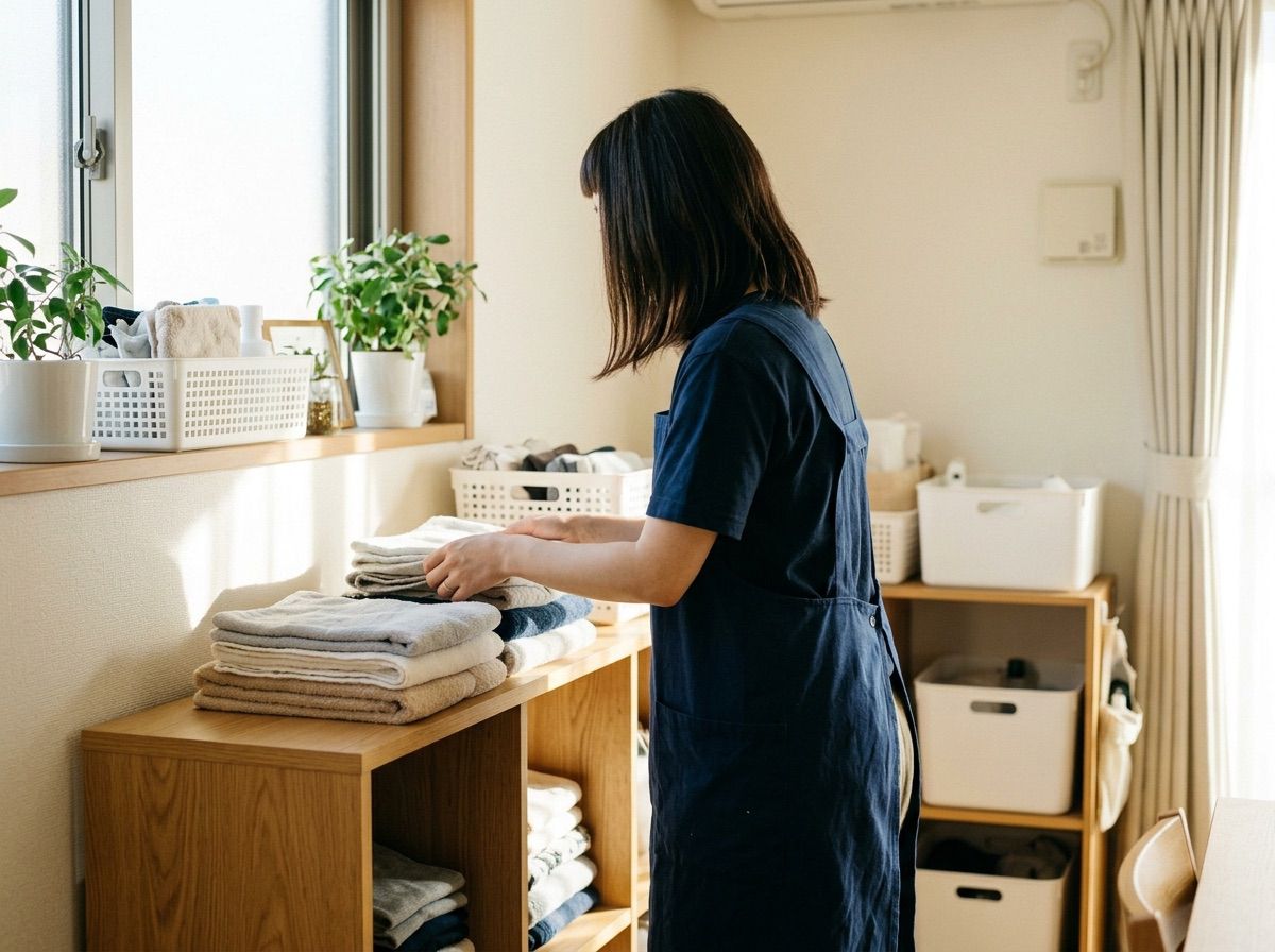 タオルを畳んで棚に整える家事代行の様子